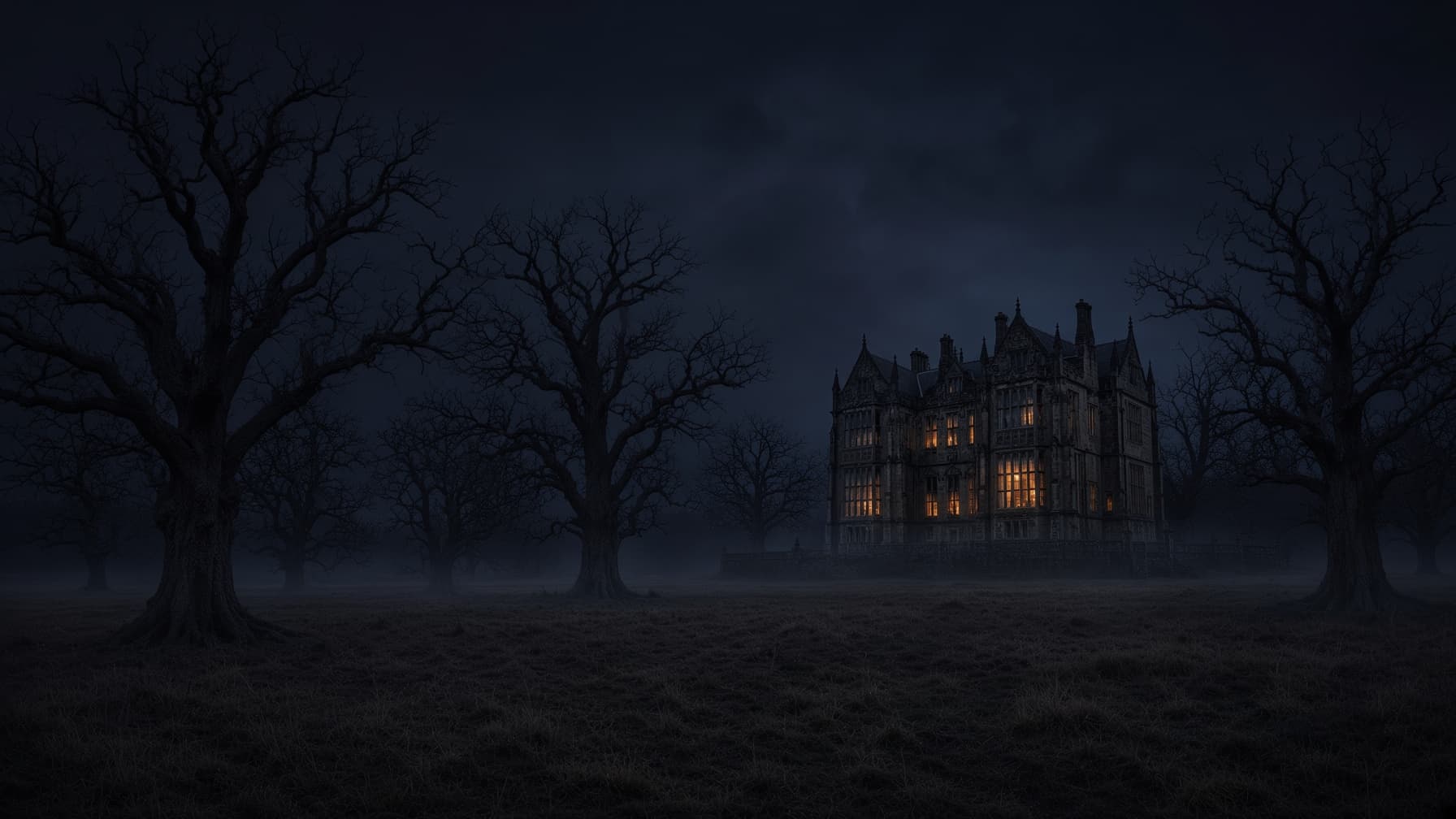 Illustration of a historic manor at night, warm light in its windows