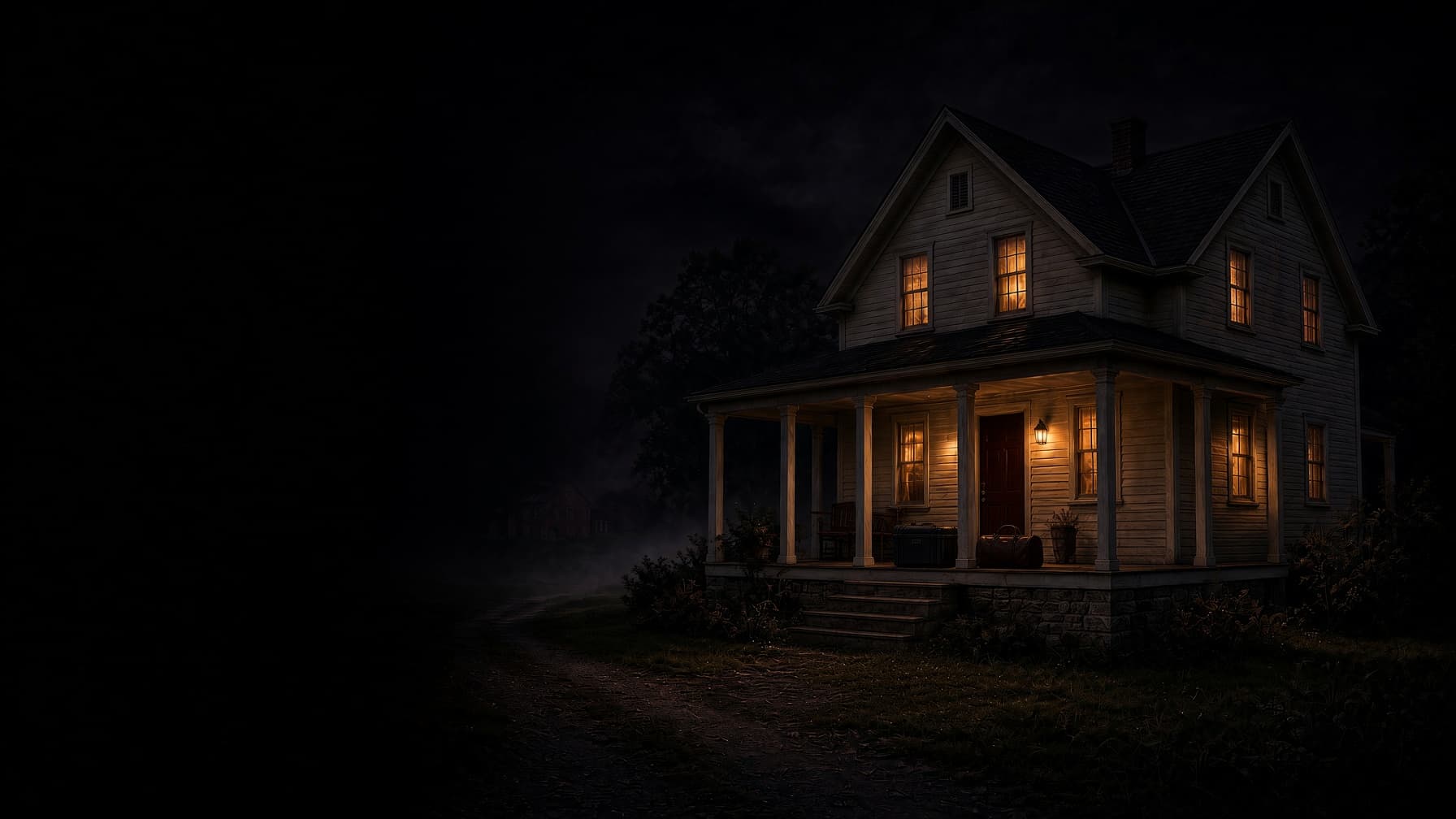 Illustration of a lit country house at night, its windows and porch glowing