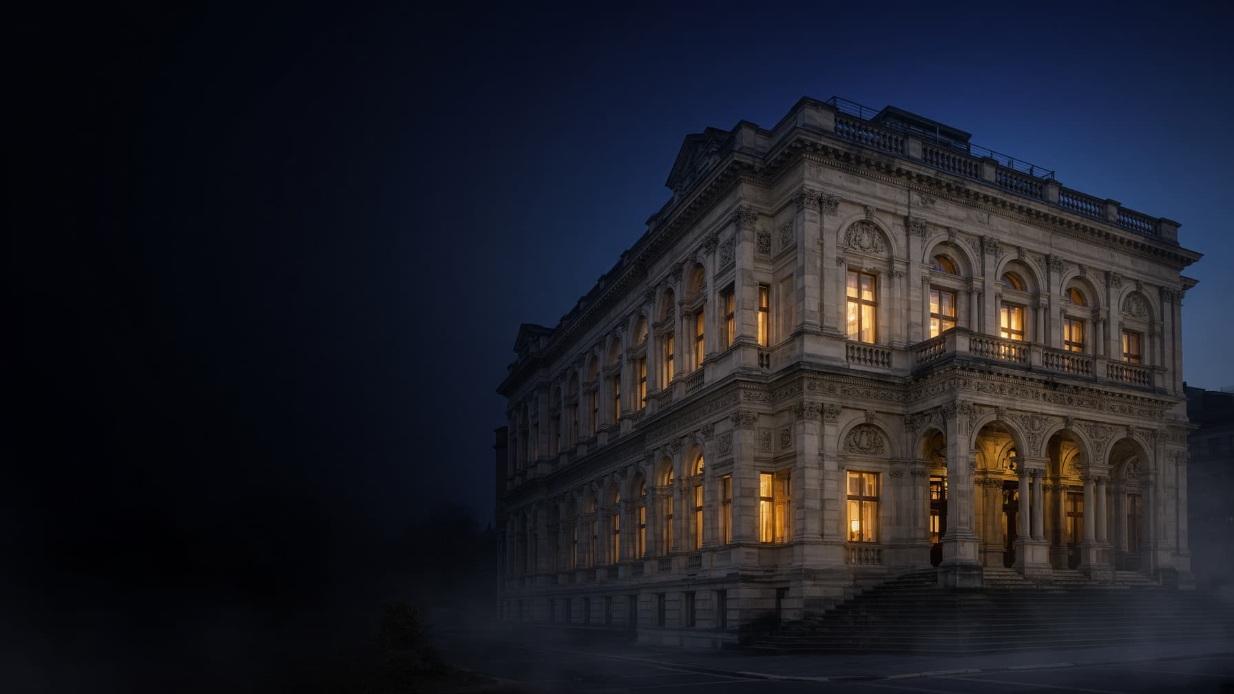 Illustration of a grand stone civic building at twilight, its tall windows lit from within